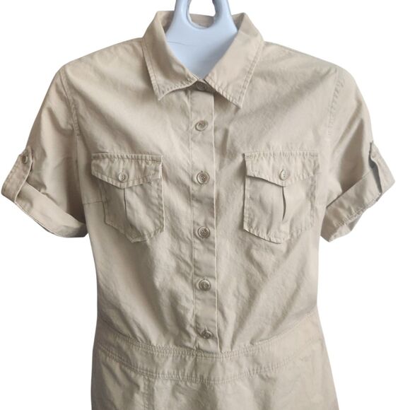 J Crew VTG Utility Shirt Dress-Tan-Side & Chest Pockets-Roll Tab Sleeves-Y2K-10 - Picture 2 of 11
